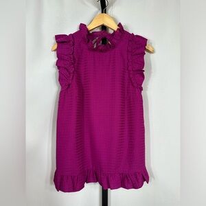 Moodie Fuschia Check Ruffle Sleeve Top with Open Tie Back Size Large